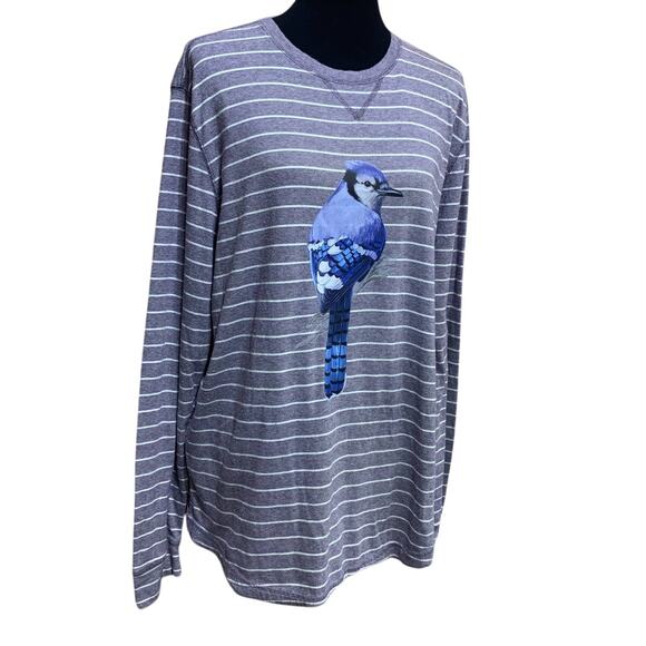 Hand Printed Upcycled Mens XL Blue Jay Bird Long Sleeve Striped Crew Neck Tee - Picture 1 of 3